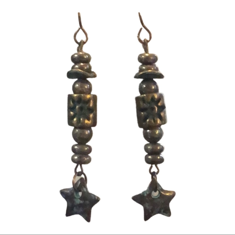 pyrite & patina star earrings handcrafted - Picture 1 of 14